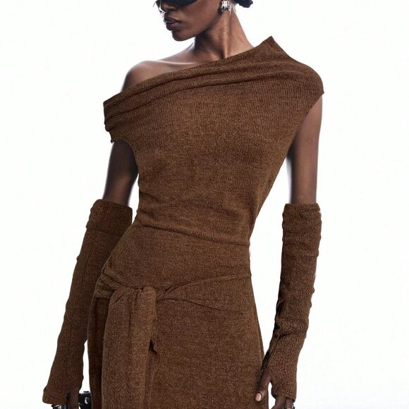 Brown Elegant Women's Asymmetrical Knitted Maxi Drape Dress - Picture 5 of 6